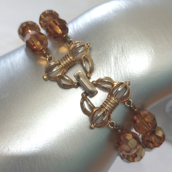 Vintage MARVELLA 2- Strand Deep Amber, grey faceted Crystal glass Beads BRACELET - Picture 2 of 9